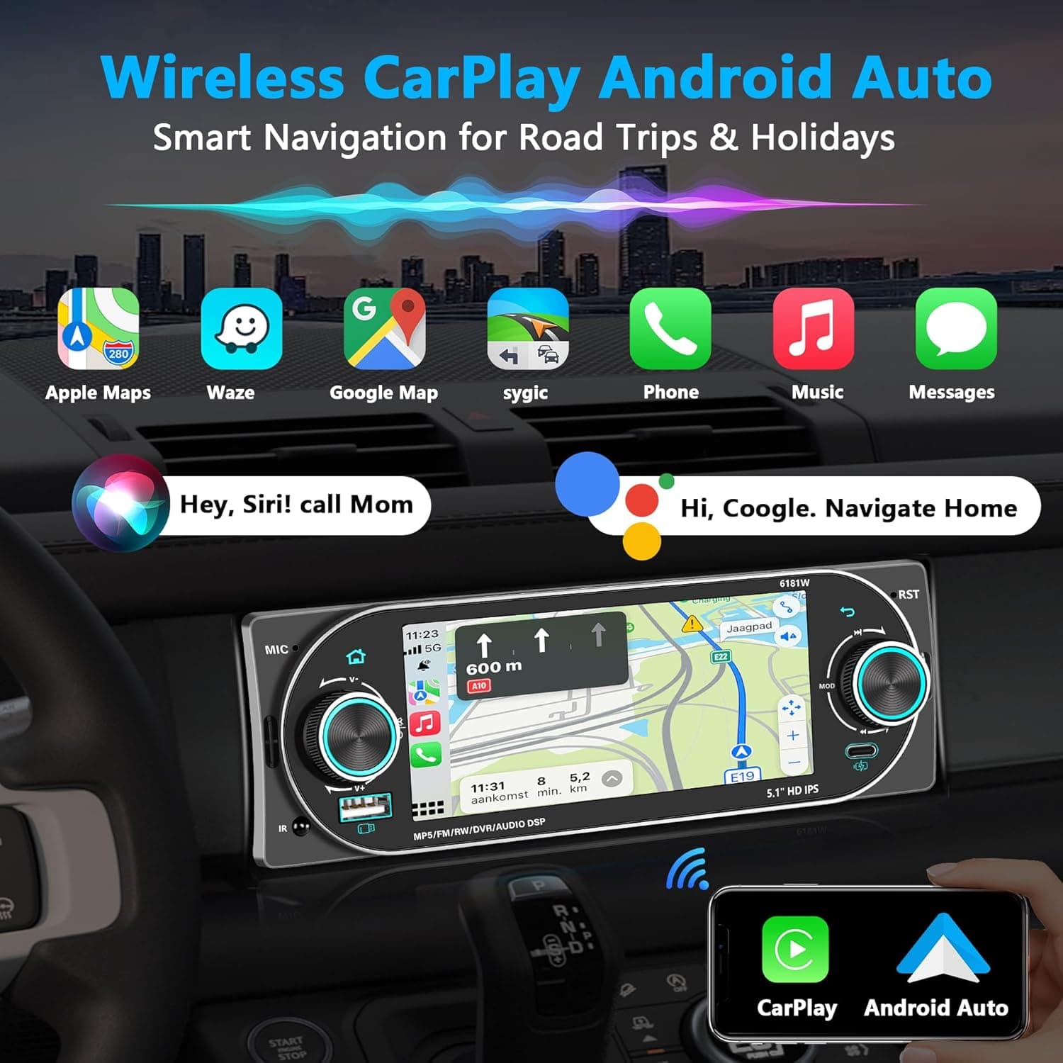 Autoradio 1Din Écran Tactile 5" IPS - Apple CarPlay et Android Auto Sans Fil Charge Rapide Type-C - راديو سيارة ذكي بشاشة لمس 5 بوصة تدعم و لاسلكيًا - Accessoires Auto/Moto - صورة 5