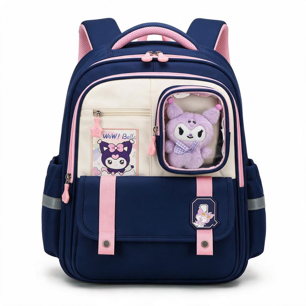 Sac à Dos Scolaire Style Kawaii Grand Volume avec Peluche Incluse Tissu Imperméable Bleu et Rose SACKDS04BLF - حقيبة مدرسية بتصميم كاوايي - Sac à dos et Mode - صورة 1