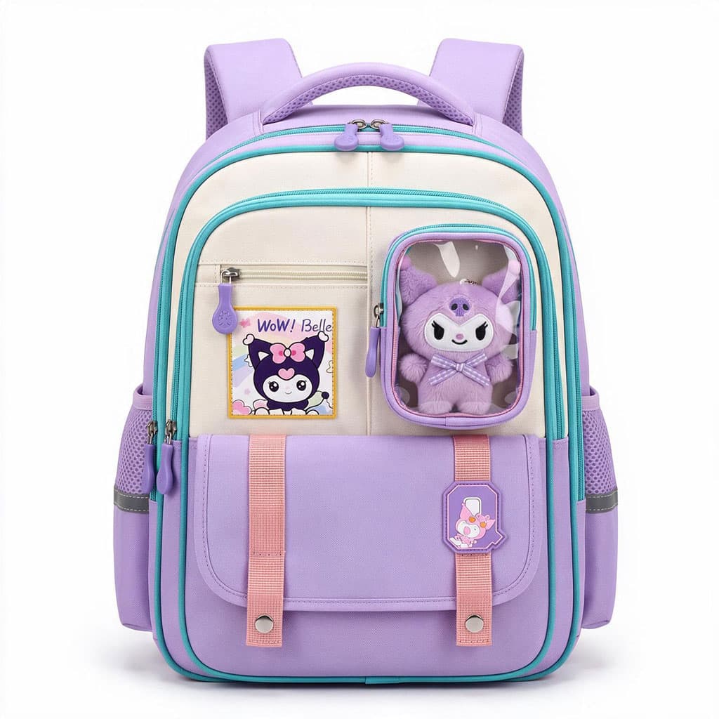 Sac à Dos Scolaire Style Kawaii Grand Volume avec Peluche Incluse Tissu Imperméable Mauve SACKDS04MV - حقيبة مدرسية بتصميم كاوايي - Sac à dos et Mode - صورة 1
