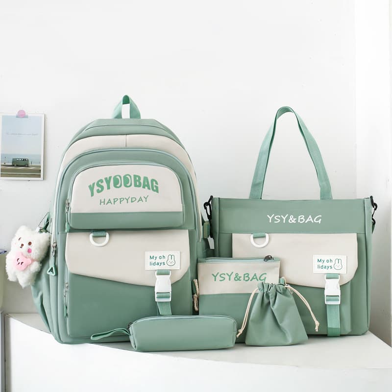 Sac à Dos Multifonctionnel Kawaii Grand Volume Imperméable et Résistant 5Pcs Vert SACKDS10VR - حقيبة ظهر بعدة قطع بتصميم كاوايي - Sac à dos et Mode - صورة 1