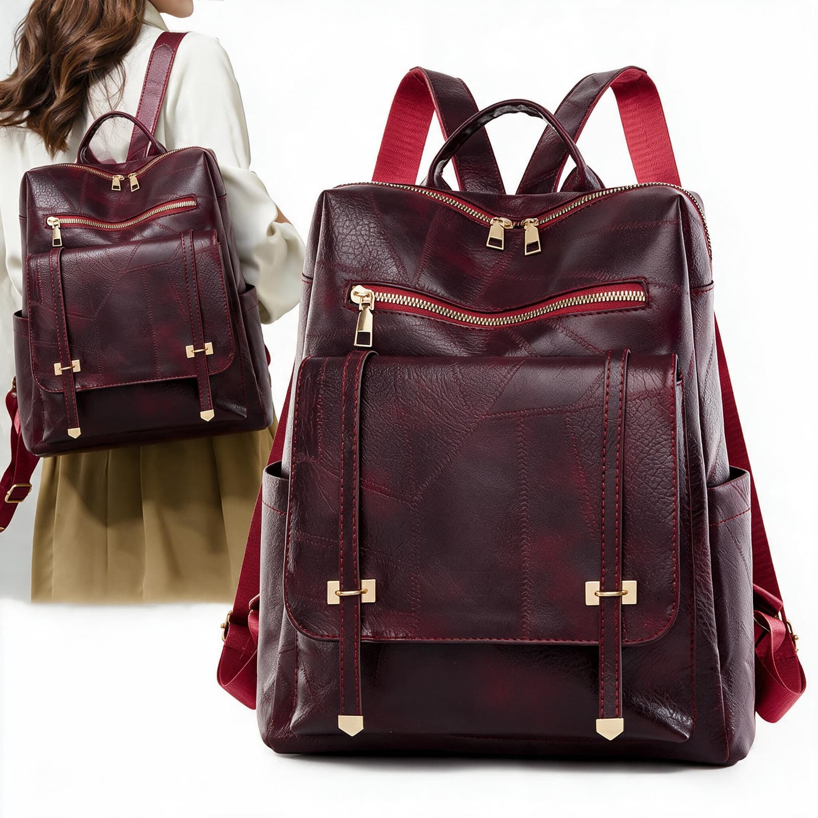 Sac à dos rétro en cuir synthétique pour femme Grenat - حقيبة ظهر نسائية من الجلد - Sac à dos et Mode - صورة 1