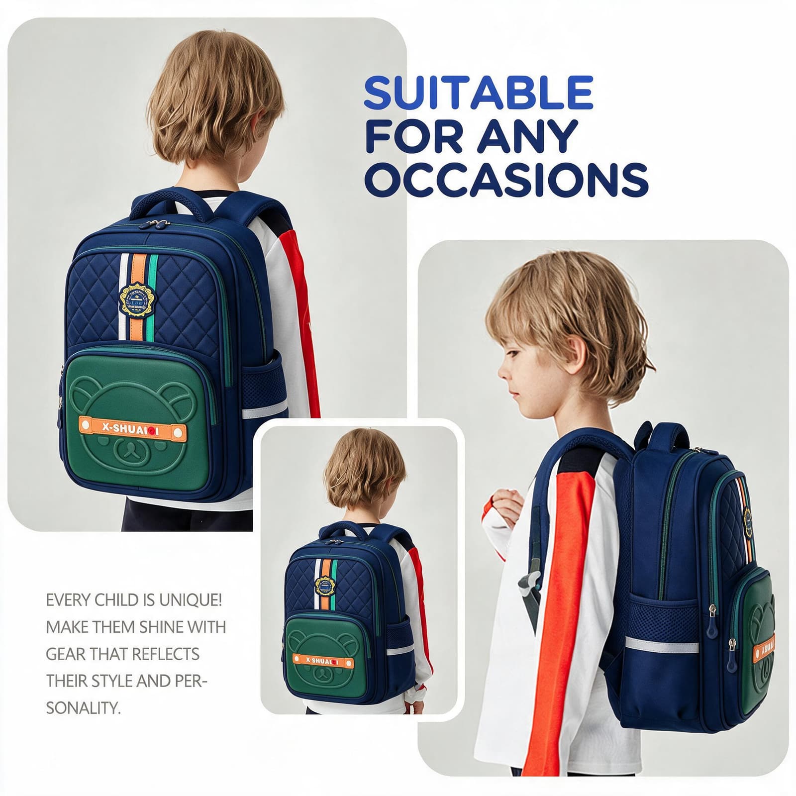 Sac à Dos Scolaire Style Kawaii Grand Volume Tissu Imperméable Bleu et Vert SACKDS18BV - حقيبة مدرسية بتصميم كاوايي - Sac à dos et Mode - صورة 2