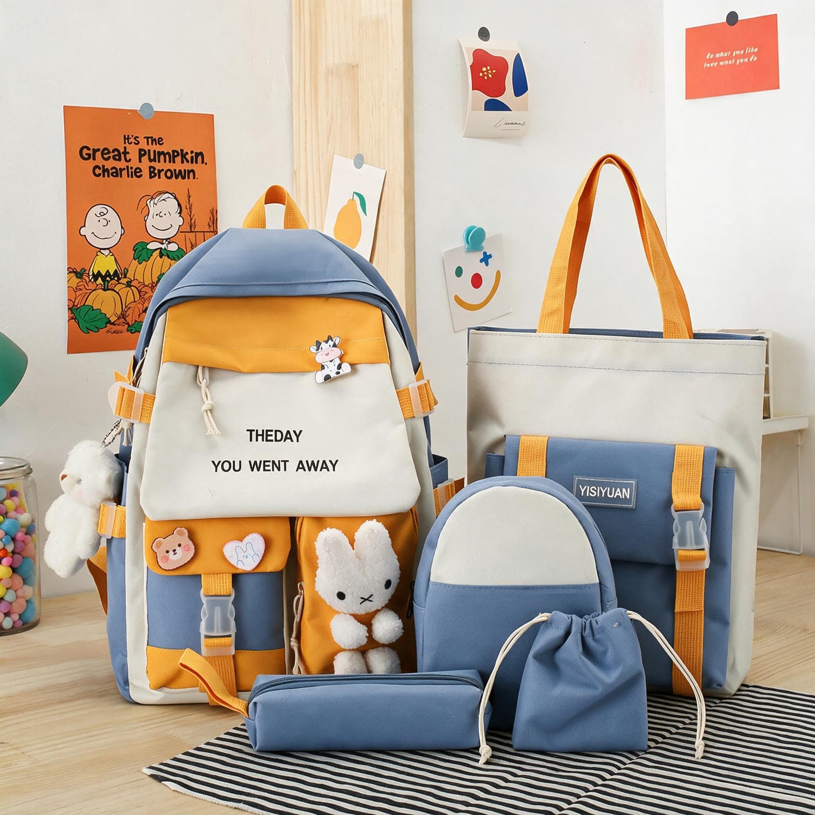 Sac à Dos Multifonctionnel Kawaii Grand Volume Imperméable et Résistant 5Pcs Bleu SACKDS25BL - حقيبة ظهر بعدة قطع بتصميم كاوايي - Sac à dos et Mode - صورة 1