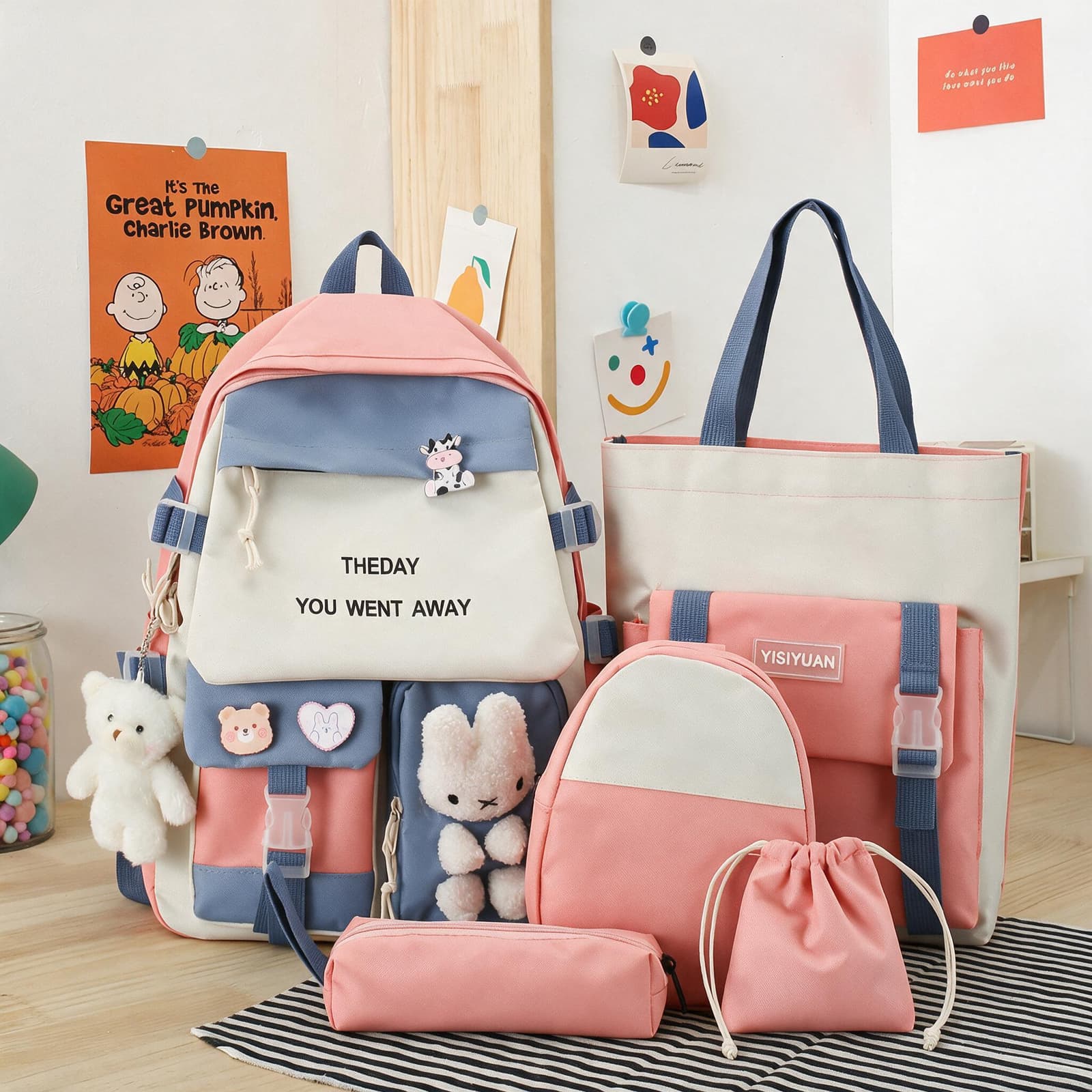 Sac à Dos Multifonctionnel Kawaii Grand Volume Imperméable et Résistant 5Pcs Rose SACKDS25RS - حقيبة ظهر بعدة قطع بتصميم كاوايي - Sac à dos et Mode - صورة 1