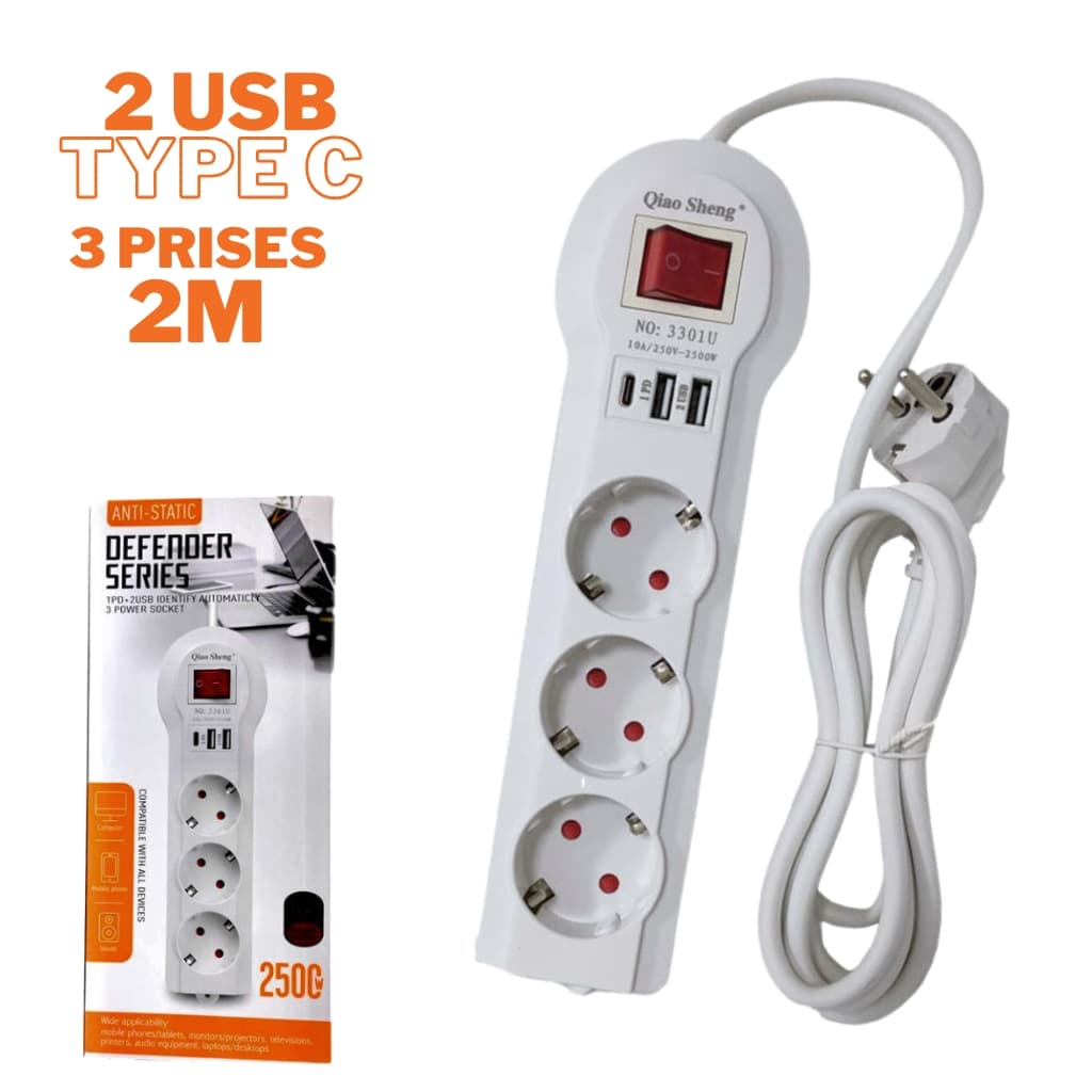 Multiprise 3 prises et Type C avec 2 USB 2 m Blanc 3301U - Électronique - صورة 1