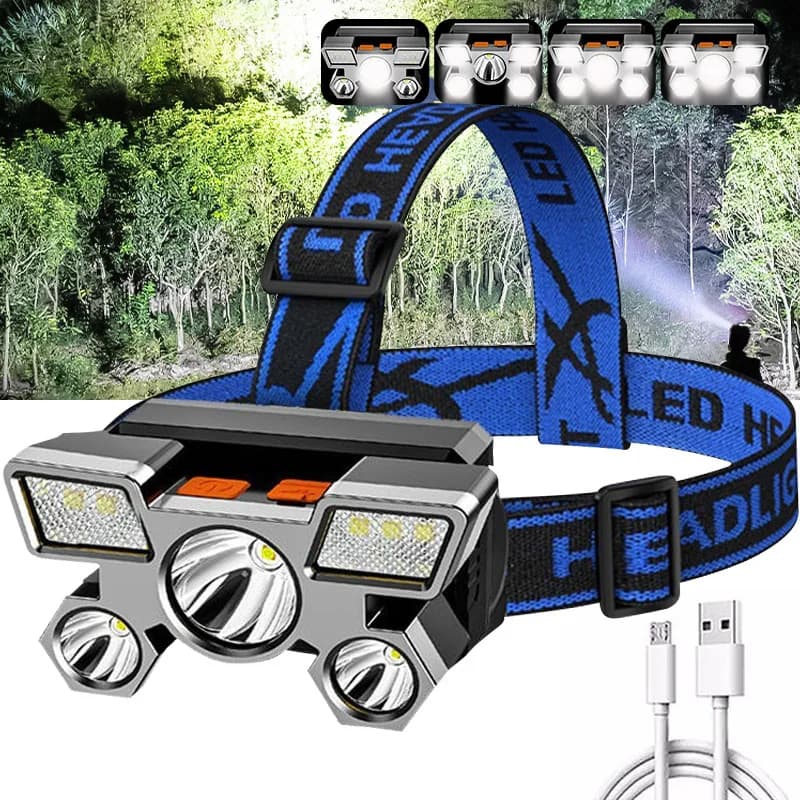 Lampe frontale portable rechargeable USB à 5 LED avec batterie intégrée - Camping et Randonnée - صورة 1