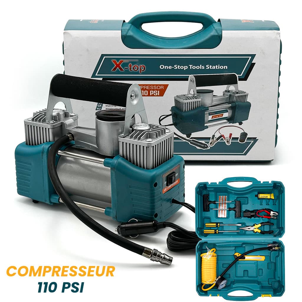 XTop Compresseur d’Air Double Cylindre avec Kit de réparation 12V -110PSI – نافخ عجلات السيارة مع أدوات التصليح - Accessoires Auto/Moto - صورة 1