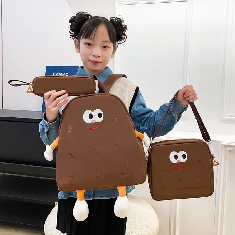 Ensemble de sacs d’école Kawai pour adolescents 3Pcs Language Marron – محفظة 3 قطع كاواي بني - Sac à dos et Mode - صورة 2