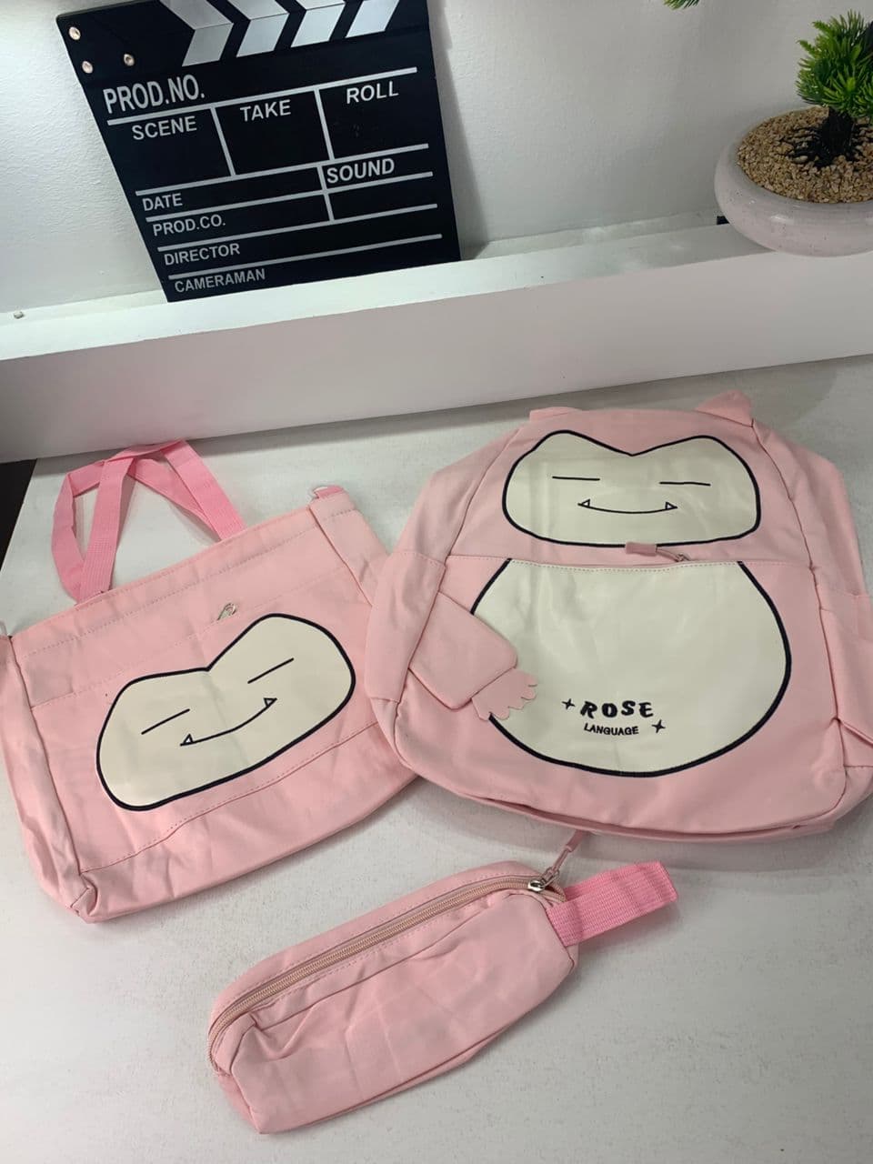 Ensemble de Sacs Snorlax 3Pcs Design Kawaii Rose- حقيبة مدرسية 3 قطع لون وردي - Sac à dos et Mode - صورة حقيقية 7
