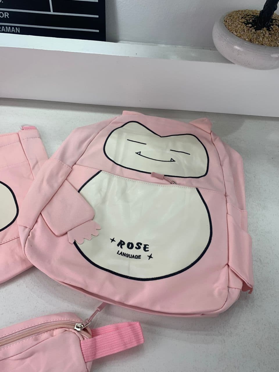 Ensemble de Sacs Snorlax 3Pcs Design Kawaii Rose- حقيبة مدرسية 3 قطع لون وردي - Sac à dos et Mode - صورة حقيقية 8