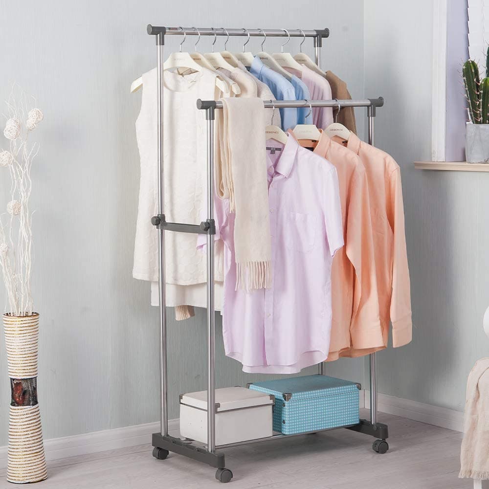 Penderie 2 Barre et porte-chaussures 2 en 1 en acier inoxydable - Maison - صورة 1