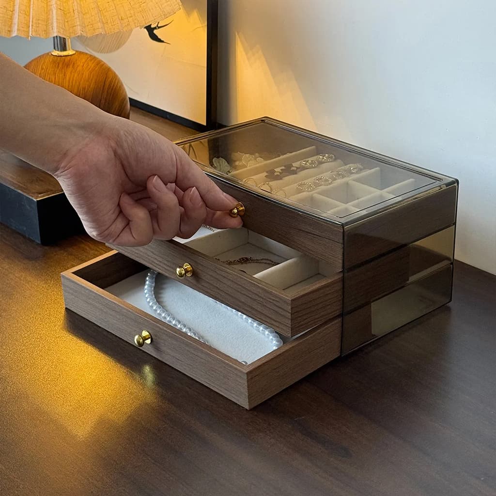 Coffret à bijoux en bois à 3 niveaux très élégant couleur noyer – علبة تنظيم المجوهرات - Soins et Beauté - صورة 5