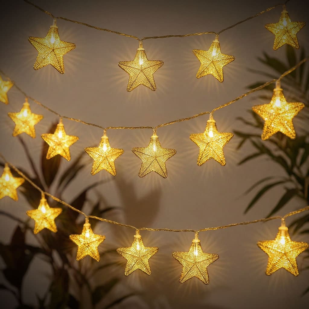 Guirlande Lumineuse Étoiles Dorées 16 LED avec Maillage Métallique – سلسلة أضواء رمضانية - Décoration - صورة 2