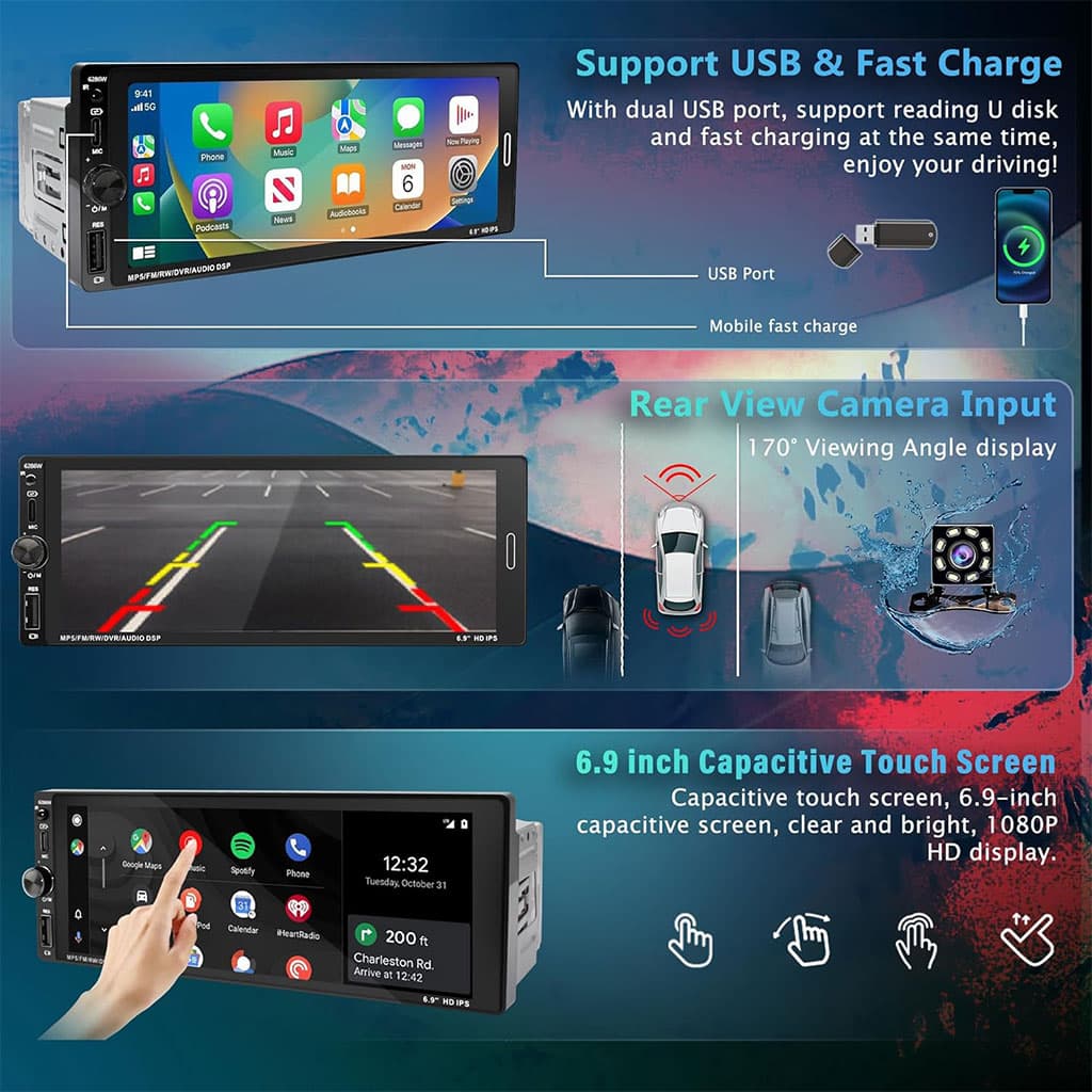 Autoradio 1 DIN avec écran Tactile de 6,9 Pouces Compatible avec Apple CarPlay Wireless/Android Auto - جهاز راديو سيارة - Accessoires Auto/Moto - صورة 3