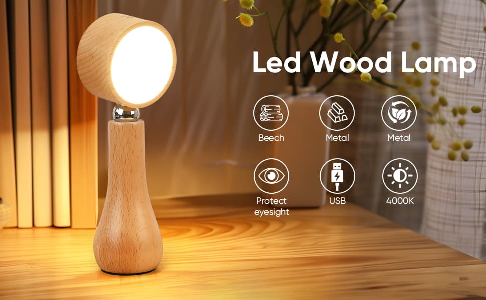 Lampe LED Motif en bois portable sans fil rechargeable à interrupteur tactile 4000K - مصباح مكتب يعمل باللمس - Maison - صورة 1