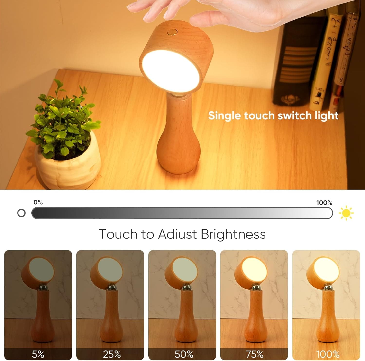 Lampe LED Motif en bois portable sans fil rechargeable à interrupteur tactile 4000K - مصباح مكتب يعمل باللمس - Maison - صورة 5