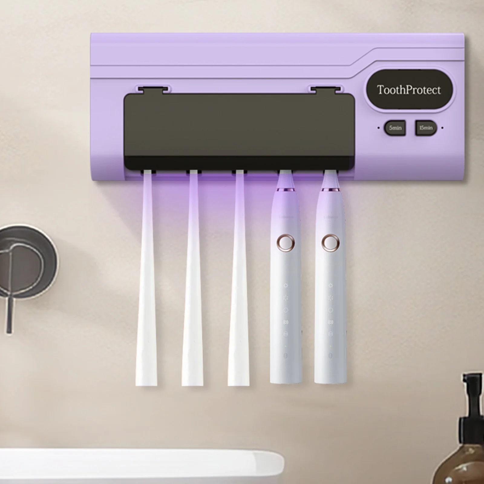 Désinfectant et support de brosse à dents intelligent rechargeable 5 emplacements - حامل فرش الأسنان - Maison - صورة 3