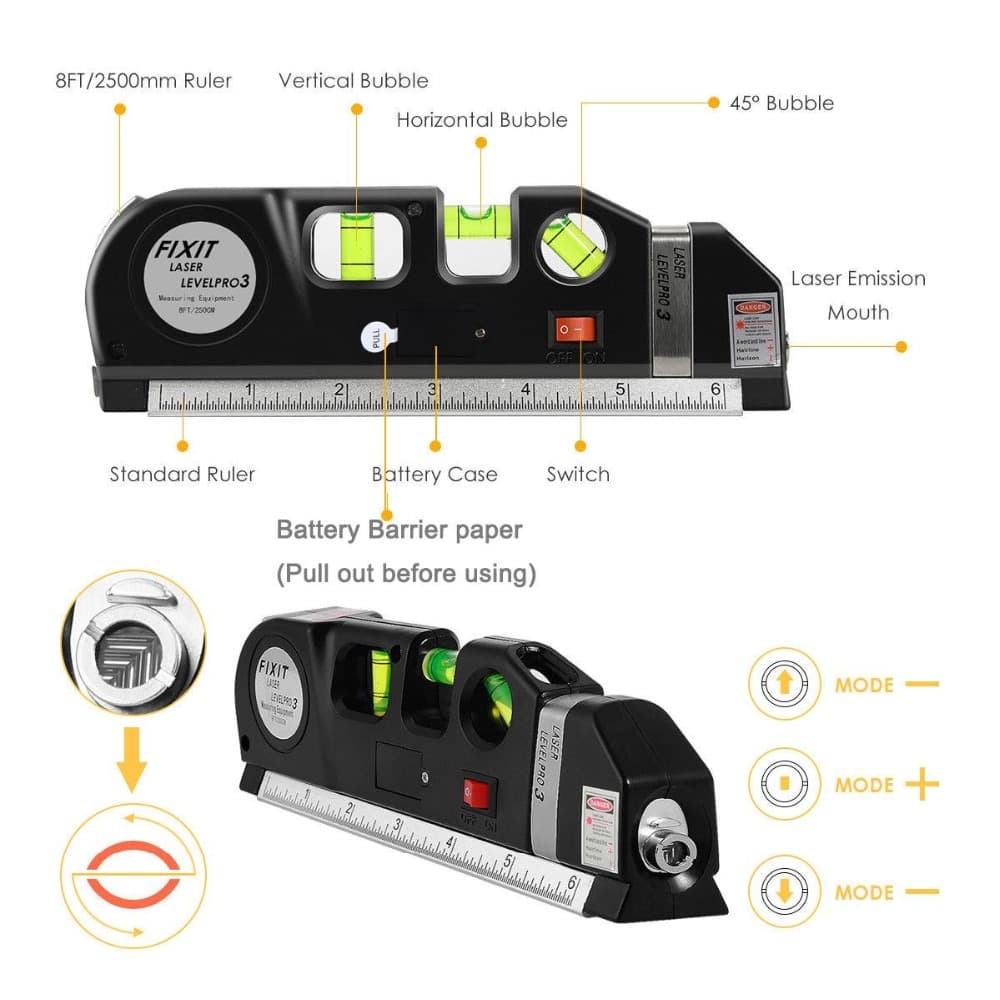 Niveau Laser 4en1 Fixit Level pro 3 Outil de musure Polyvalent Ruban De 8 Pieds - Outillage et Bricolage - صورة 8