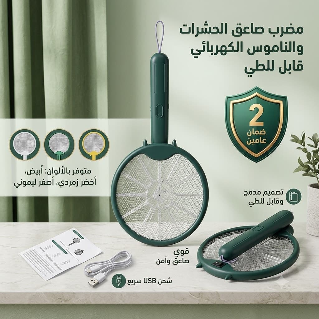 مضرب صاعق الحشرات والناموس الكهربائي قابل للطي بضمان عامين - اكسسوارات منزلية - صورة 2