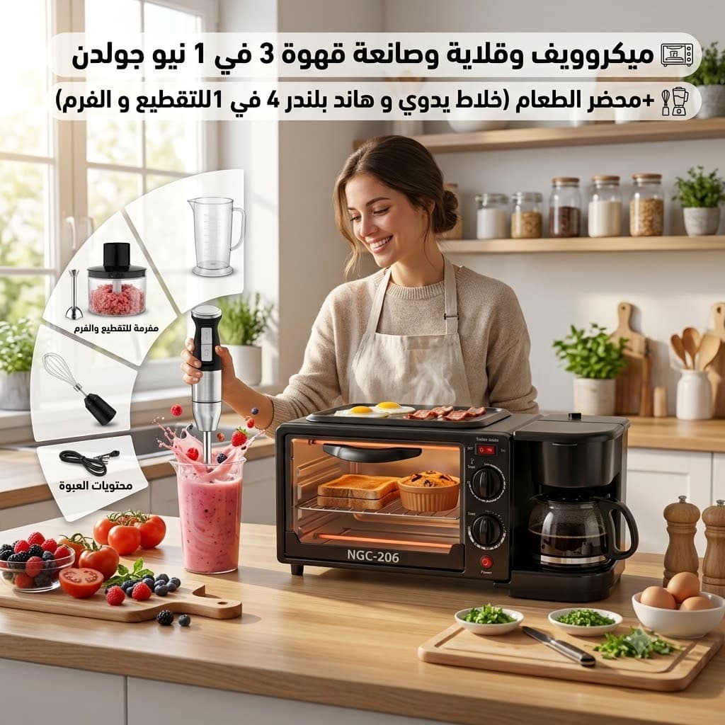 ميكروويف وقلاية وصانعة قهوة 3 في 1 نيو جولدن +محضر الطعام (خلاط يدوي و هاند بلندر 4 في 1 للتقطيع و الفرم ) - عروض المنزل - صورة 1