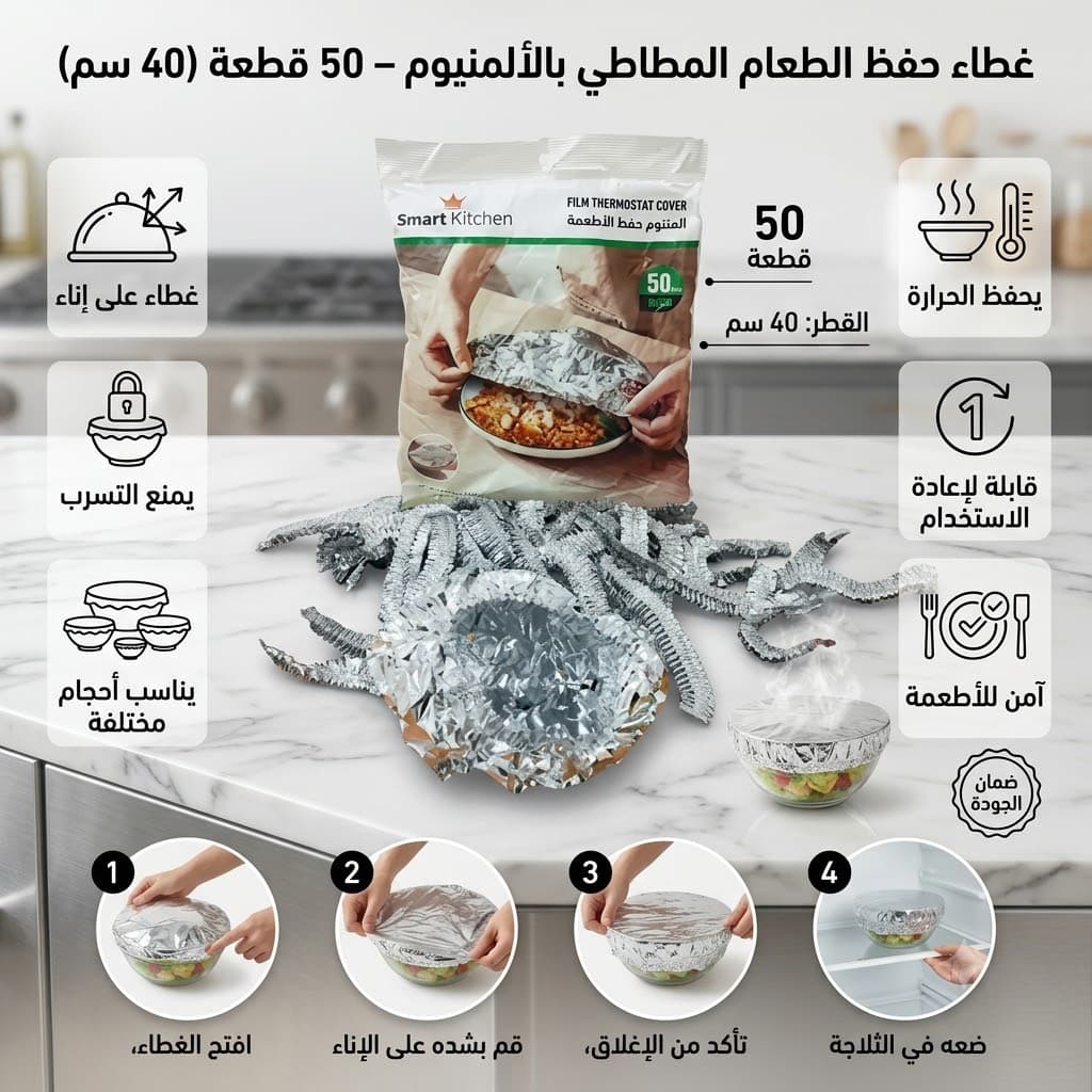 غطاء حفظ الطعام المطاطي بالألمنيوم – 50 قطعة (40 سم) - أدوات المطبخ - صورة 2