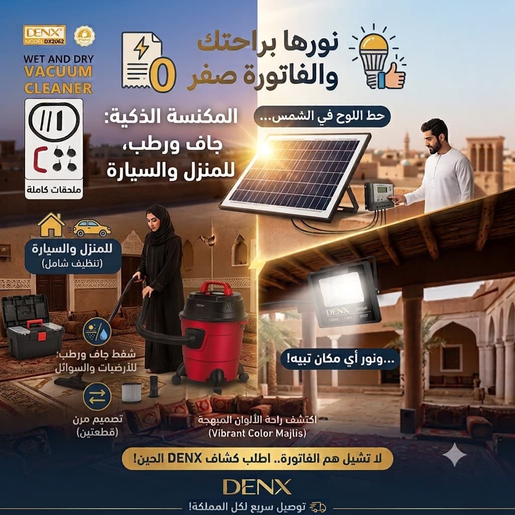 كشاف دينكس الشمسي منفصل قطعتين (لوح شمسي + كشاف ) مع ريموت تحكم بقوة 100 واط+مكنسة جاف و رطب ونفخ من دينكس بضمان عامين 3 في 1 للمنزل والسيارة - عروض المنزل - صورة 1