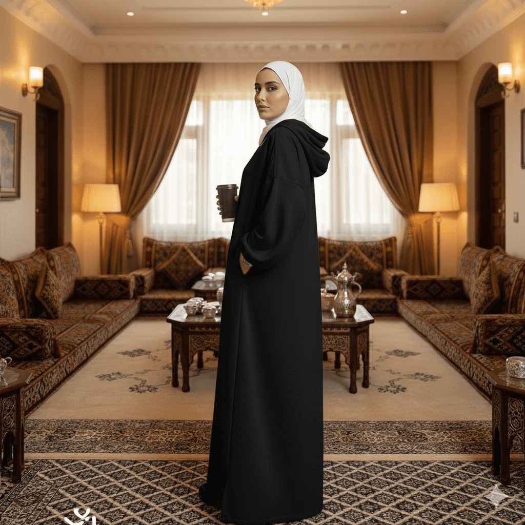 عباية العمرة بغطاء للرأس لون أسود مقاس XL