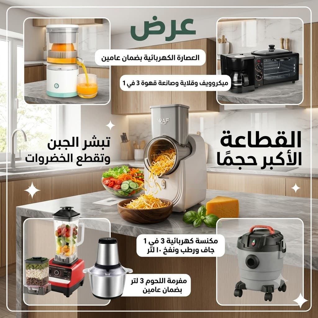 عرض مكنسة كهربائية 3 في 1 جاف ورطب ونفخ ضمان عامين 10 لتر + ميكروويف وقلاية وصانعة قهوة 3 في 1 + الخلاط الألماني الأصلي مع مطحنة بضمان 6 شهور +العصارة الكهربائية بضمان عامين + مفرمة اللحوم 3 لتر بضمان عامين + +القطاعة الكهربائية الأكبر حجماً لتقطيع وبشر الجبن والخضروات والفواكة متعددة الإستخدامات بضمان عامين - عروض المنزل - صورة 1