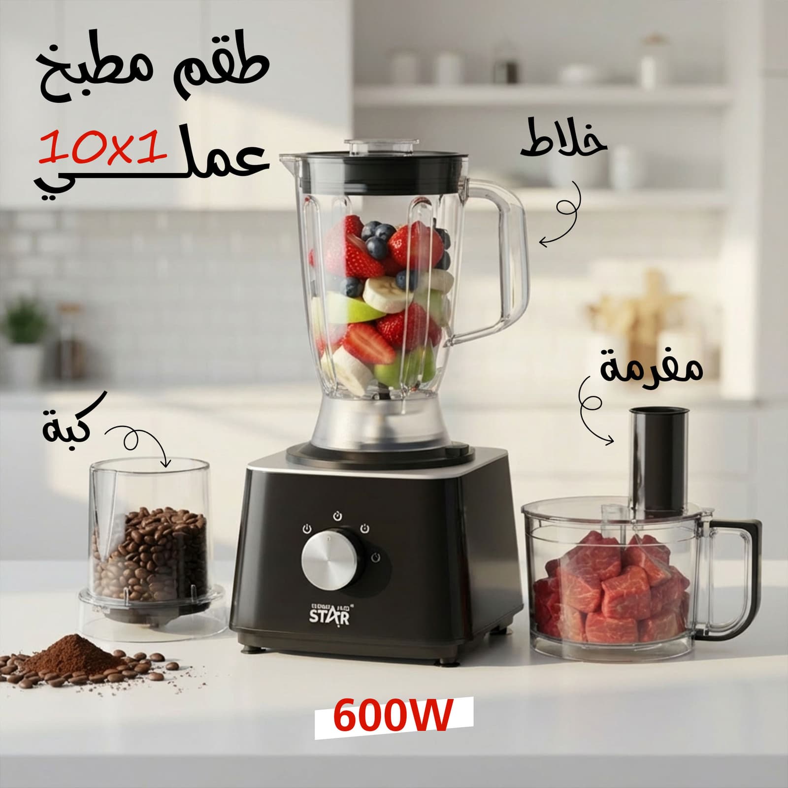 طقم مطبخ ١٠ في ١ العملى 600 واط خلاط و كبة و مفرمة بضمان عام - أجهزة المطبخ - صورة 1