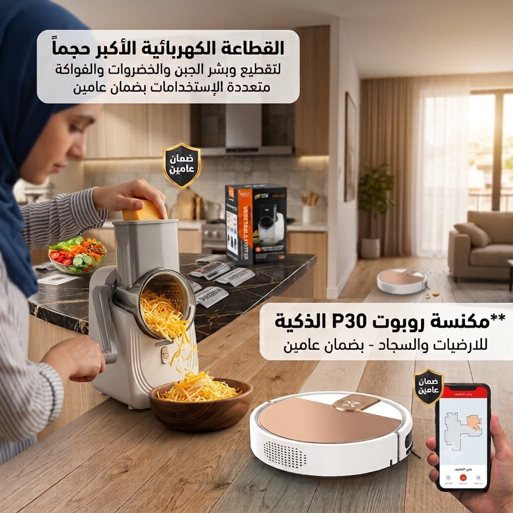 القطاعة الكهربائية الأكبر حجماً لتقطيع وبشر الجبن والخضروات والفواكة متعددة الإستخدامات بضمان عامين+مكنسة روبوت P30 الذكية للارضيات والسجاد - بضمان عامين - عروض المنزل - صورة 1