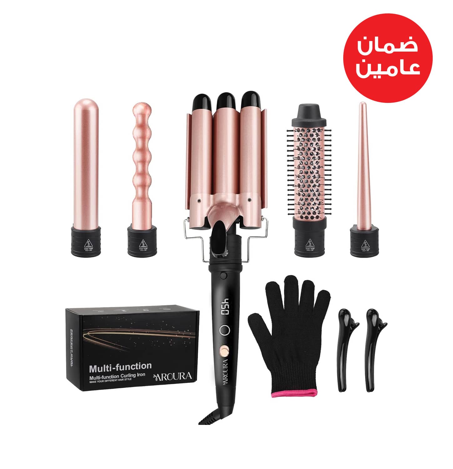 مجموعة مكواة تجعيد الشعر مع 5 رؤوس قابلة للتبديل، تتضمن فرشاة حرارية، ومكواة تجعيد الشعر، و3 مكواة تجعيد شعر سيراميكية