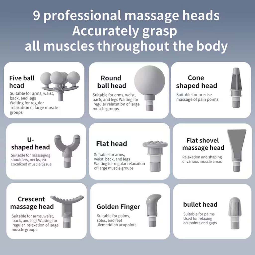 Pistolet de Massage Professionnel avec 9 Têtes Interchangeables pour Relaxation Totale - جهاز تدليك الجسم الاحترافي بـ 9 رؤوس لتدليك الأنسجة العميقة - Soins et Beauté - صورة 13