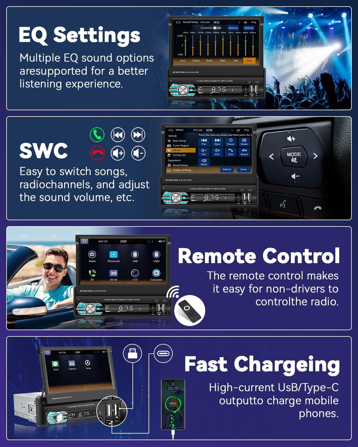 Autoradio Rétractable Tactile 7 Pouces Wireless CarPlay Android Auto 32+2GB - راديو السيارة الذكي بنظام أندرويد وشاشة 7 بوصة قابلة للطي - Accessoires Auto/Moto - صورة 4