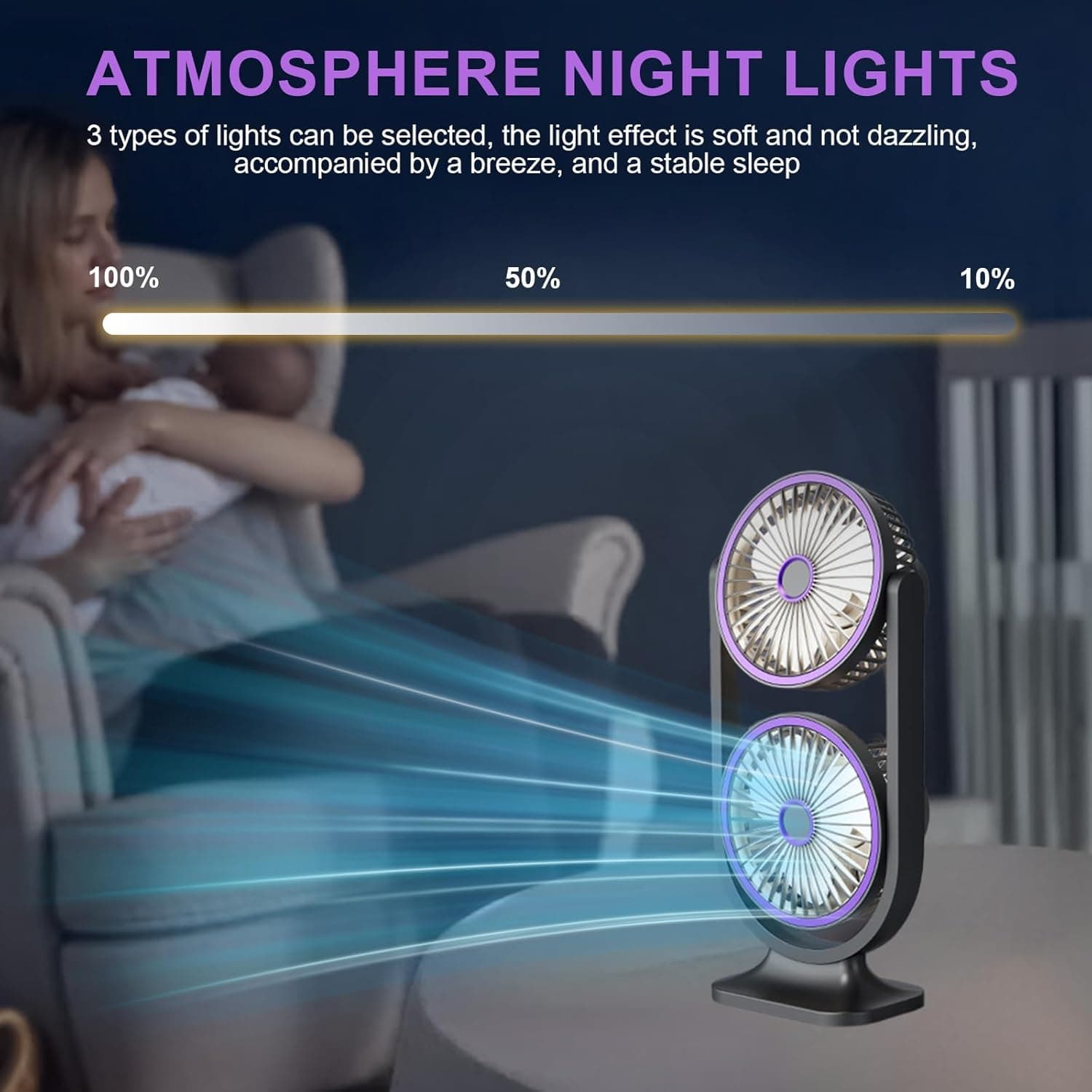 Ventilateur de Bureau Double Tête Rechargeable USB - مروحة المكتب المكتبية المزدوجة بـ 3 سرعات - Vacance & Loisir - صورة 3