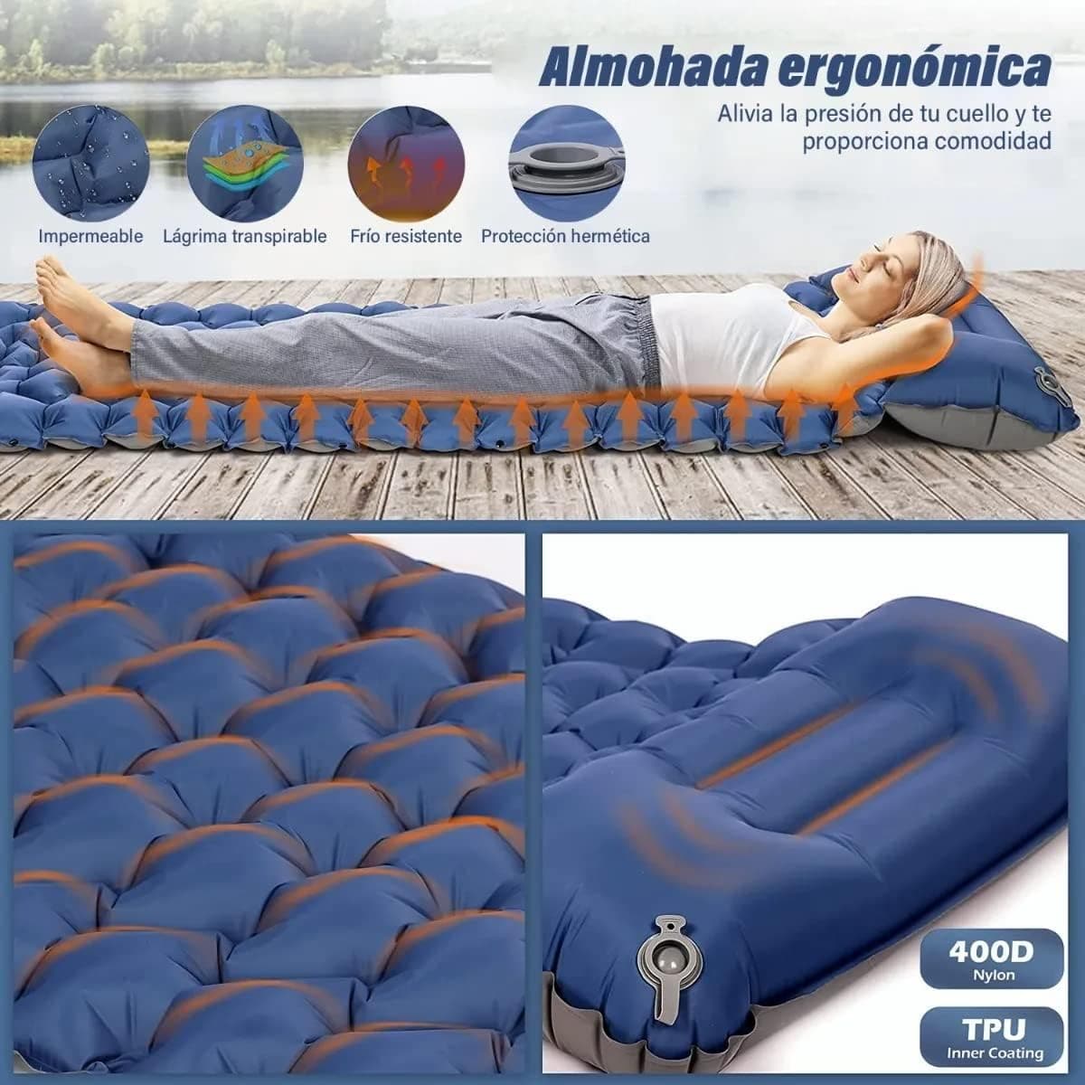 Matelas de Camping Gonflable Portable - فراش التخييم الهوائي القابل للنفخ بالقدم مع وسادة مدمجة - Camping et Randonnée - صورة 5