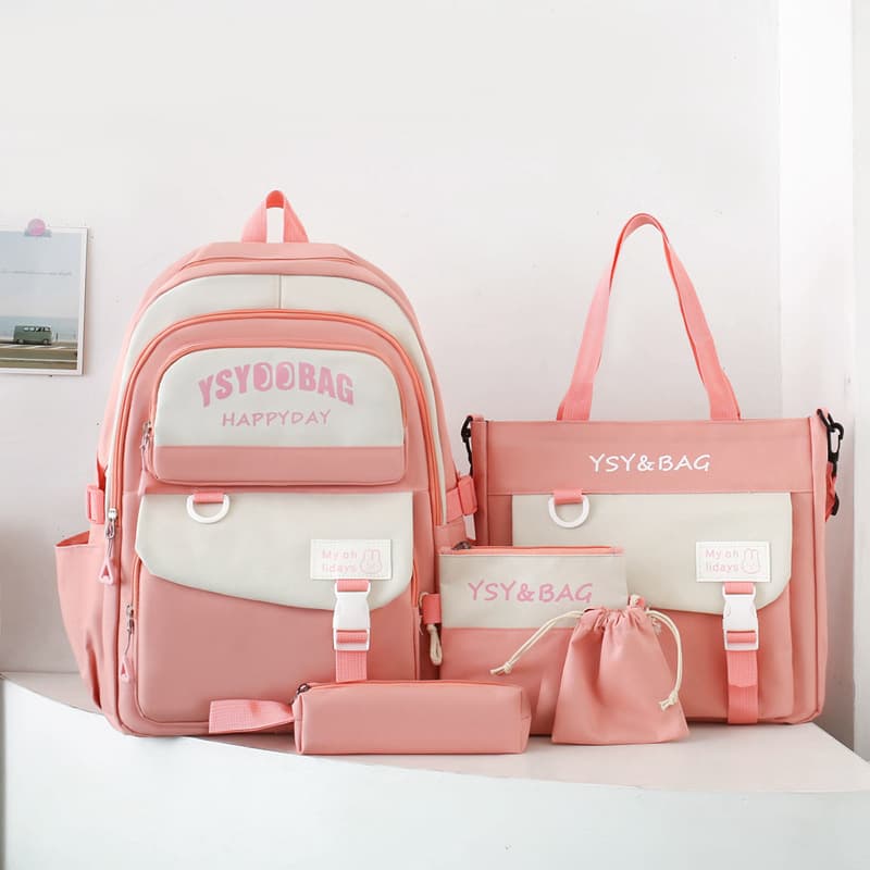 Sac à Dos Multifonctionnel Kawaii Grand Volume Imperméable et Résistant 5Pcs Rose SACKDS10RS - حقيبة ظهر بعدة قطع بتصميم كاوايي - Sac à dos et Mode - صورة 1