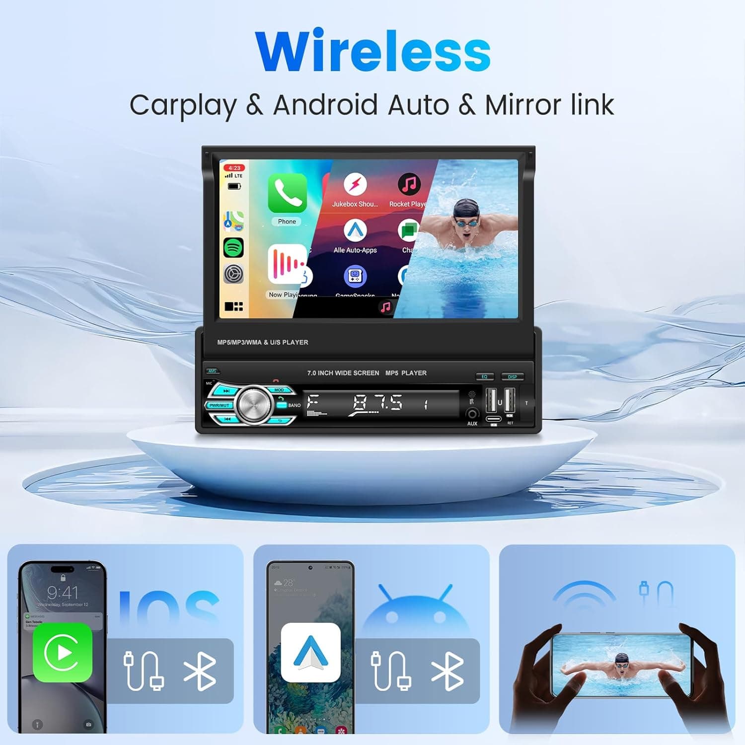 Autoradio Rétractable Tactile 7 Pouces Wireless CarPlay Android Auto 32+2GB - راديو السيارة الذكي بنظام أندرويد وشاشة 7 بوصة قابلة للطي - Accessoires Auto/Moto - صورة 10